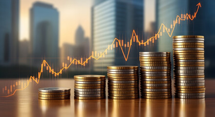 Growing Investment: Stacks of Coins and Rising Graph Against City Skyline