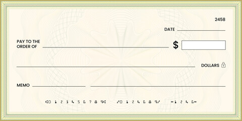 Blank bank check, checkbook cheque template or money payment paper voucher, vector mockup. Business or personal account cash pay cheque certificate or paycheck coupon from checkbook
