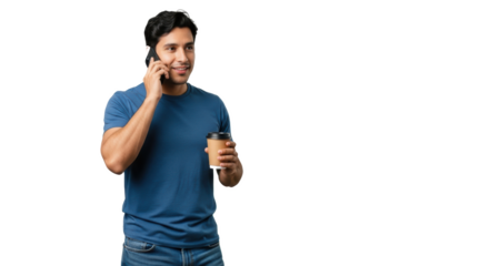A man in a blue shirt talking on a cell phone while holding a coffee cup on a black background area