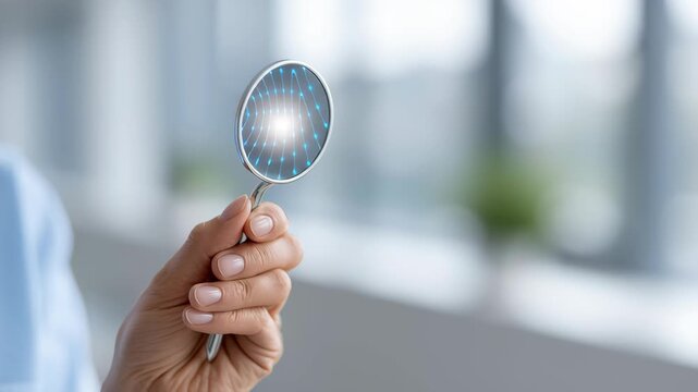 Focused hand holding dental mirror showcasing future of digital technology and innovation for healthcare data