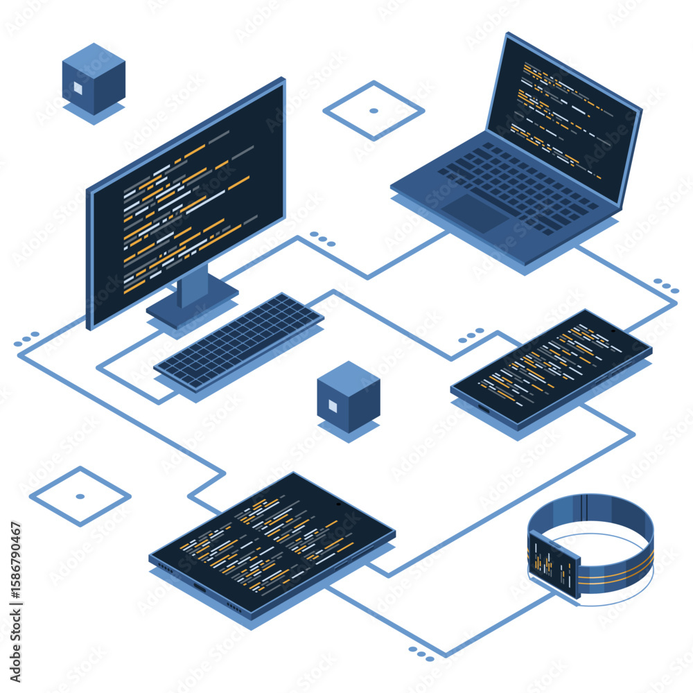 Poster isometric transfer data between different devices. synchronizing data between laptop, smartphone, ta