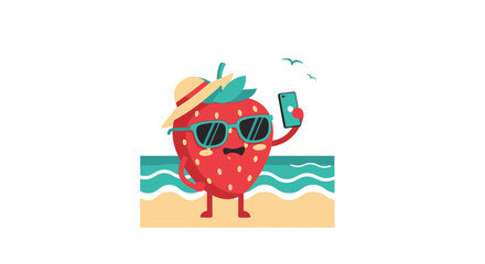 Fototapeta premium Strawberry On Vacation Character Mascot On The Beach Taking A Selfie Photo