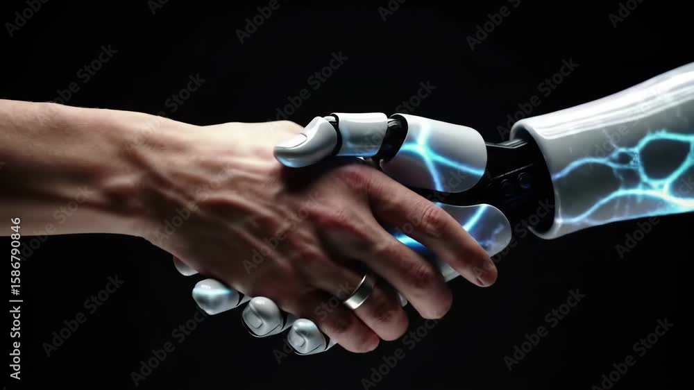 Poster a human hand and a robot hand reaching out to each other in a dark setting for a handshake concept