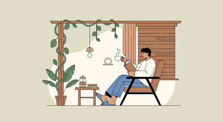 Leisurely Morning Reading With Coffee Surrounded By Plants And Tranquility