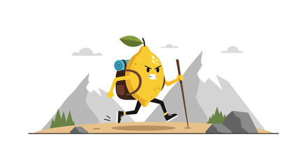 Fototapeta premium Lemon Character Embarking on An Adventurous Mountain Hike With Backpack and Walking Stick