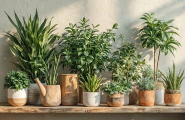 Arrangement of indoor plants in decorative pots on a wooden shelf with a watering can. Greenery includes various houseplants and foliage. Minimalist, modern style with woven baskets and natural light.