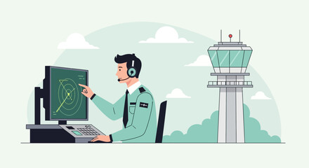 Modern Air Traffic Controller Working On Radar Screen In Airport Control Tower