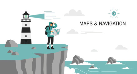 Naklejka premium Lost Explorer Navigating By The Lighthouse On Coastal Adventure Trip