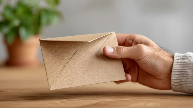 Hand holding brown paper envelope wooden table, eco friendly packaging with natural texture, sustainable compostable mailing