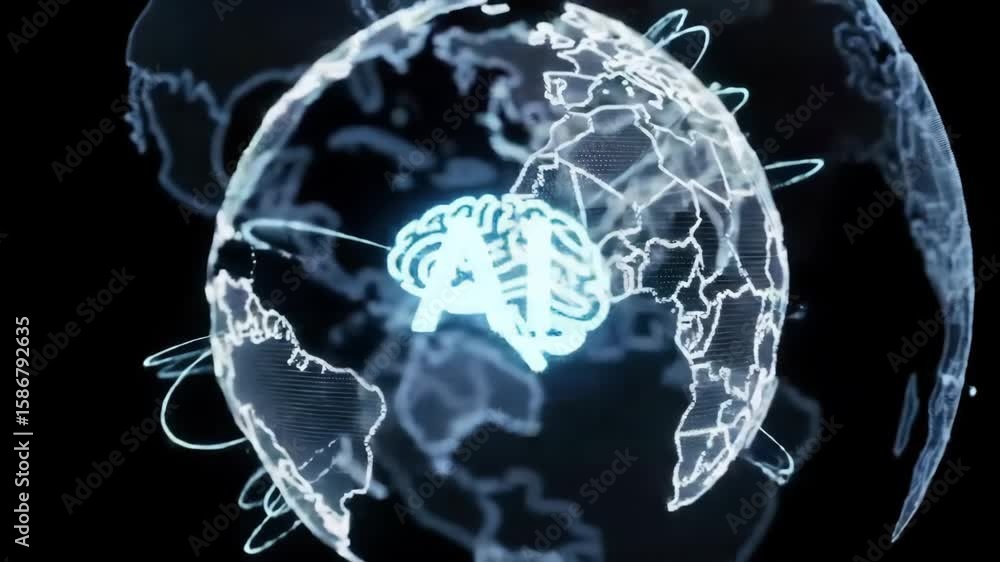Poster glowing brain inside translucent globe with visible continents on a black background animation loop