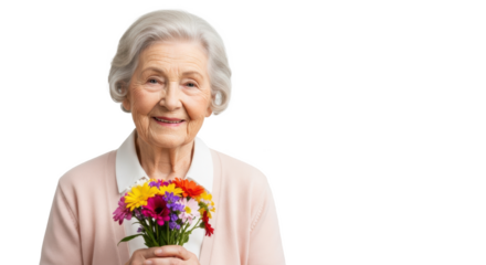 Portrait of a smiling elderly woman holding a colorful bouquet of flowers in her hands happily today