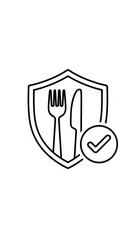 Black line art icon of fork knife and shield with checkmark for food safety food hygiene food handling
