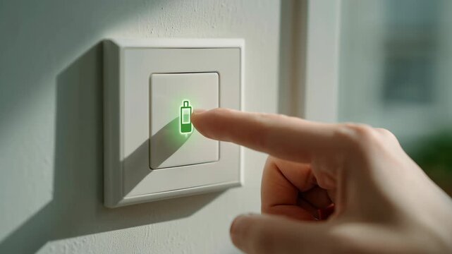 Hand pressing light switch with green battery icon, finger wall, energy saving, eco friendly, modern home, green power