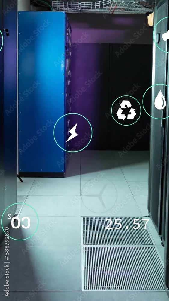 Poster animation of ecology icons and data processing over server room