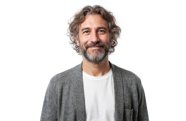 Obraz premium Smiling senior man with grey hair, beard looks at camera. Mature adult male wears casual grey cardigan over white t-shirt. Isolated on white studio background. Appears relaxed, happy, comfortable.