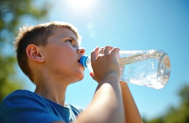 Young boy drinks water from bottle on hot summer day. Thirsty child rehydrates during heat wave. Outdoor activity, blue sky background. Refreshment, healthy lifestyle, pure water.