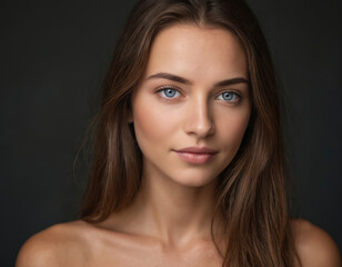 Fototapeta premium Close-up portrait of young woman with striking blue eyes, gentle smile. Long, smooth brown hair frames face with clean, fresh skin, natural makeup. Monochrome background enhances attractive features,