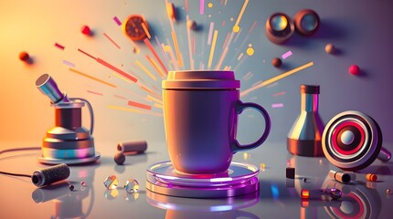 Fototapeta premium A futuristic sci-fi style flatlay coffee setup explodes with bright vibrant colors. Advanced technology and space elements create a lively and energetic scene 