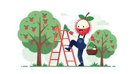 Lychee Character Harvesting Ripe Fruits From Trees In Orchard On Sunny Day