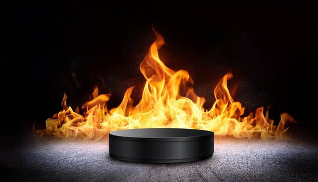 empty black round product display podium surrounded by flame against dark wall