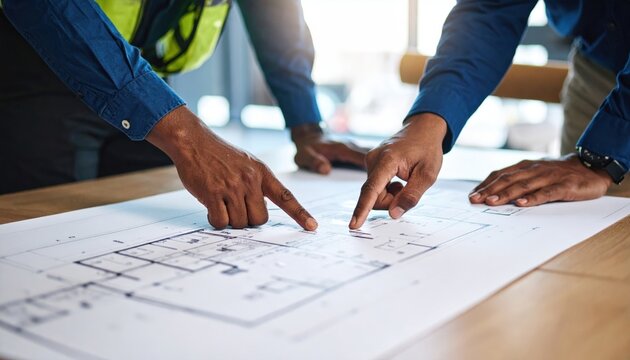 Close Up Two Diverse Architects Reviewing Building Plans - Powered by Adobe