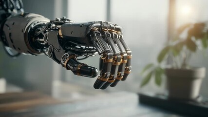 Contemplative robot hand and futuristic bionic prosthetic arm representing advanced cyborg science and technology innovation - Powered by Adobe