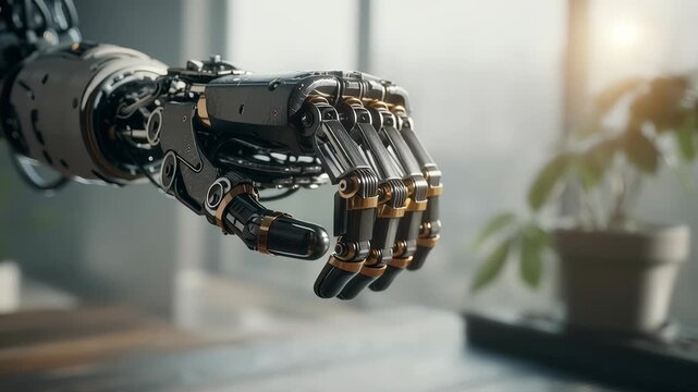Contemplative robot hand and futuristic bionic prosthetic arm representing advanced cyborg science and technology innovation