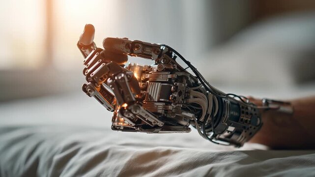 Hopeful glow from futuristic robotic prosthetic arm. advanced bionic hand shows detailed mechanic parts for paralyzed person