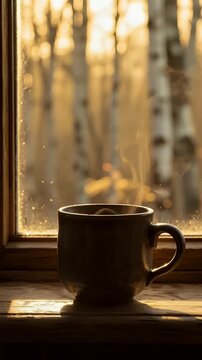 Steaming Hot Coffee Mug on Wooden Windowsill with Morning Light and Autumn Forest Background

