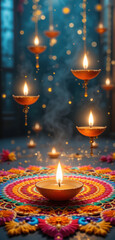 Beautiful display of traditional oil lamps illuminating colorful rangoli design, creating warm