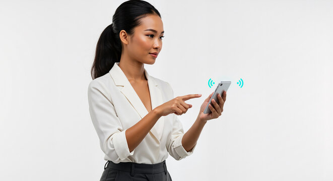 Businesswoman uses smartphone for communication and digital interaction on an isolated white background demonstrating modern technology in a professional setting