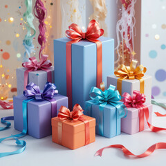 Colorful gift boxes with ribbons create festive atmosphere for celebrations