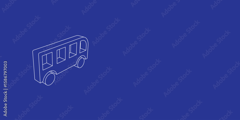 Poster the outline of a large bus symbol made of white lines on the left. 3d view of the object in perspect