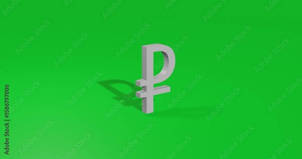 Poster isolated realistic white ruble symbol front view with shadow. 3d illustration on green chroma key ba
