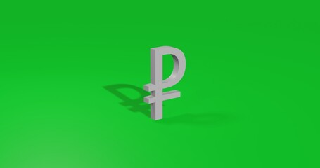 Isolated realistic white ruble symbol front view with shadow. 3d illustration on green chroma key background
