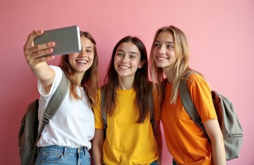 Three happy teen girls with backpacks take selfie with smartphone against vibrant pink background. Smiling, laughing, enjoying moment of friendship, fun, embodying youthful energy, connection.