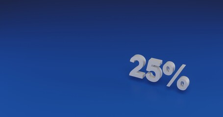 Isolated realistic white 25 percent symbol with shadow. Located on the right side of the scene. 3d illustration on transparent background
