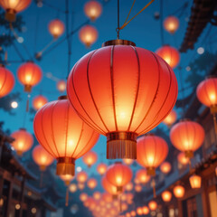 Obraz premium Red lanterns illuminate festive night scene, creating warm and inviting atmosphere