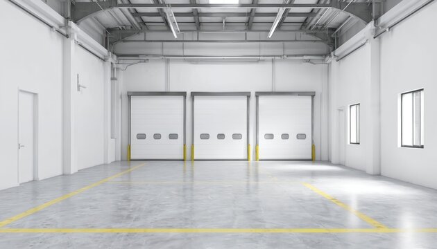 Clean, modern industrial interior with polished concrete floor featuring yellow line markings. Three white roller shutter doors with small windows dominate back wall. Empty space provides ample room