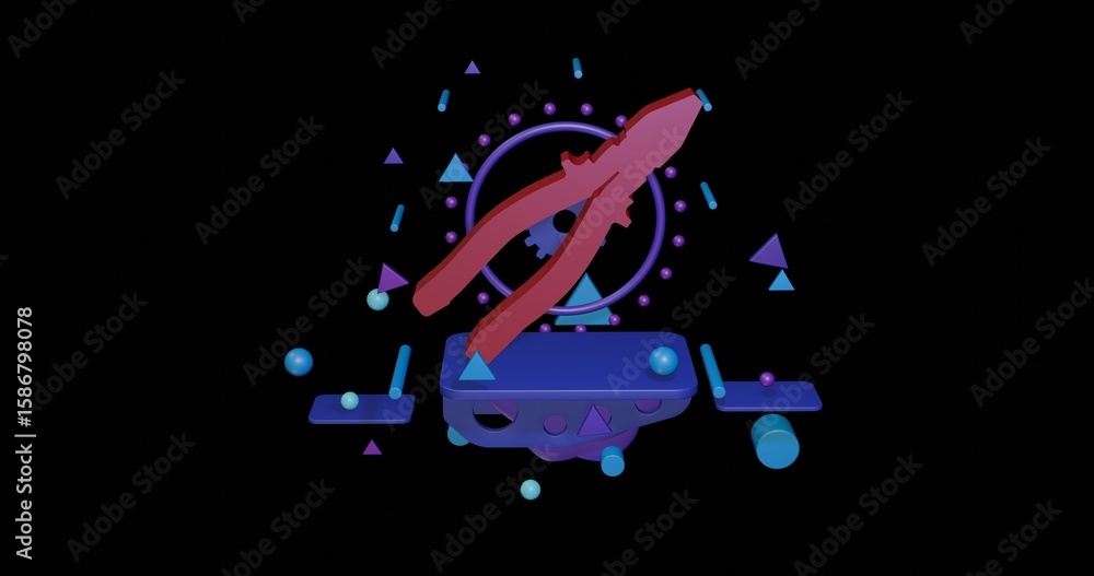 Poster red pliers symbol on a pedestal of abstract geometric shapes floating in the air. abstract concept a
