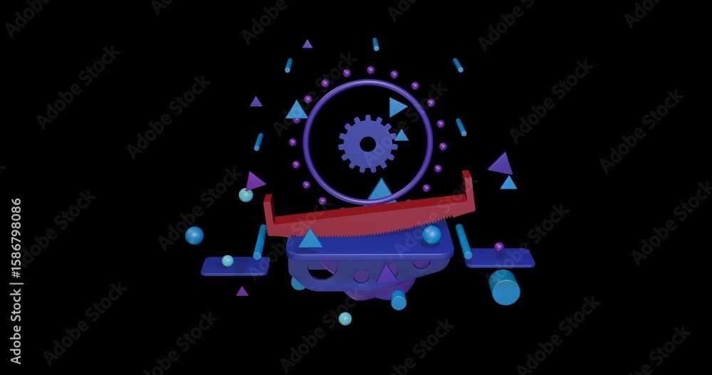 Aufkleber red two-handed saw on a pedestal of abstract geometric shapes floating in the air. abstract concept 