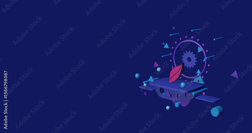 Poster pink leaflet symbol on a pedestal of abstract geometric shapes floating in the air. abstract concept