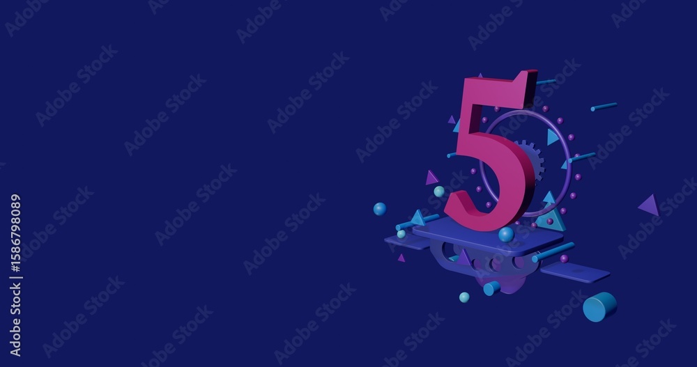 Poster pink number five symbol on a pedestal of abstract geometric shapes floating in the air. abstract con