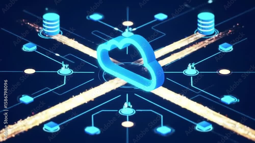 Poster Abstract Blue Cloud Computing Network with Data Stream and Server Connections Digital Network on Dark Background