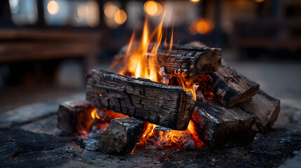 Flame wood in bonfire. Camp barbecue wood charcoal burns in the grill. Blaze fire flame texture background. Tongues of flame. burning wooden logs and large orange flame. Glowing Firewood campfire.