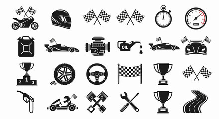 Motor Racing Icons Race Car, Trophy, and Motorsport Essentials in Sleek Vector Style