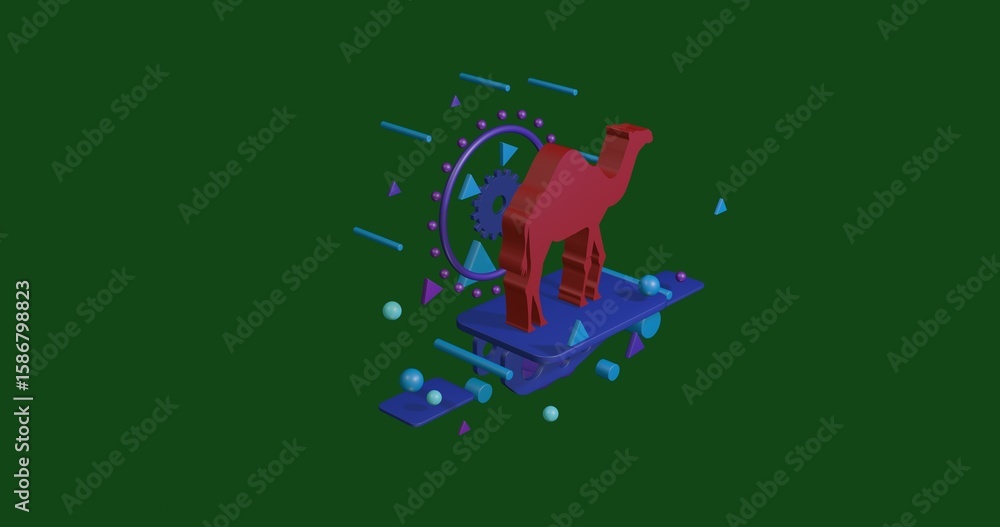 Poster red camel symbol on a pedestal of abstract geometric shapes floating in the air. abstract concept ar