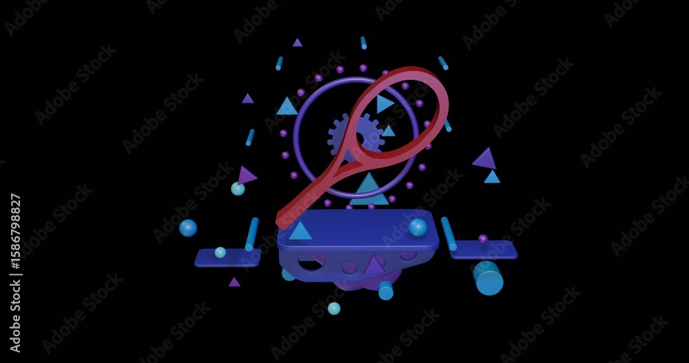 Poster red tennis racket symbol on a pedestal of abstract geometric shapes floating in the air. abstract co