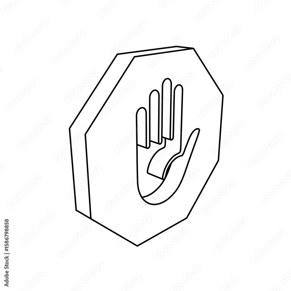Poster the outline of a large stop hand symbol is made with black lines. 3d view of the object in perspecti