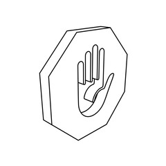 The outline of a large stop hand symbol is made with black lines. 3D view of the object in perspective. Vector illustration on white background